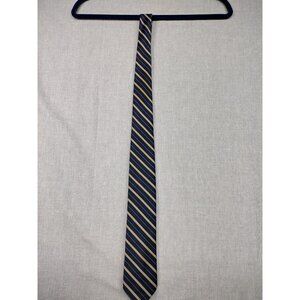 Men's Formal Business Navy Blue Gold Striped Silk Necktie with Crest Emblem Tie